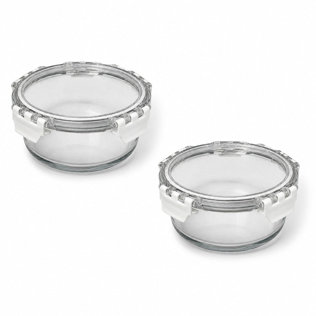 INOUTHOMECO 800ml circular borosilicate glass food containers with airtight white snap-latch lids, set of two.