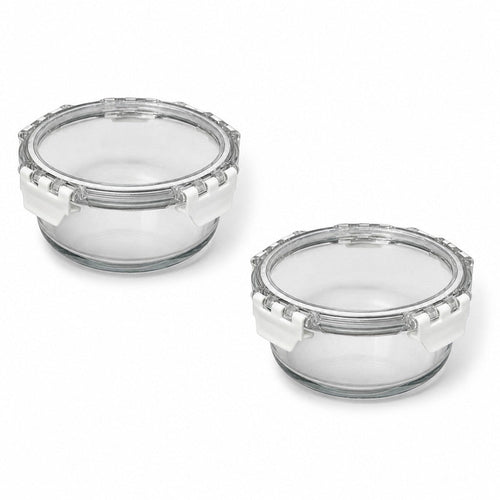 INOUTHOMECO 800ml circular borosilicate glass food containers with airtight white snap-latch lids, set of two.