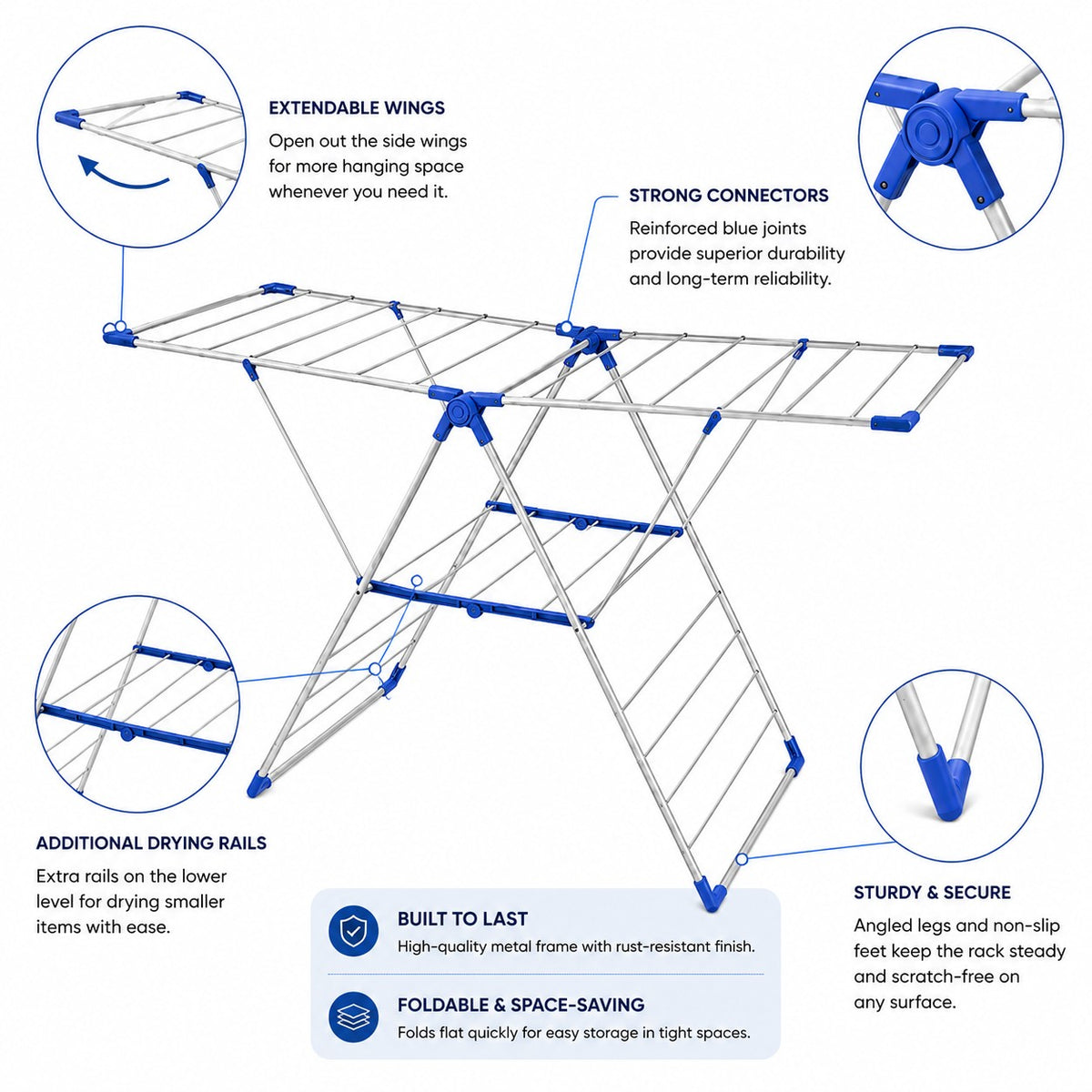 INOUTHOMECO foldable metal clothes drying rack with expandable wings, blue connectors, and multi-level drying rails.