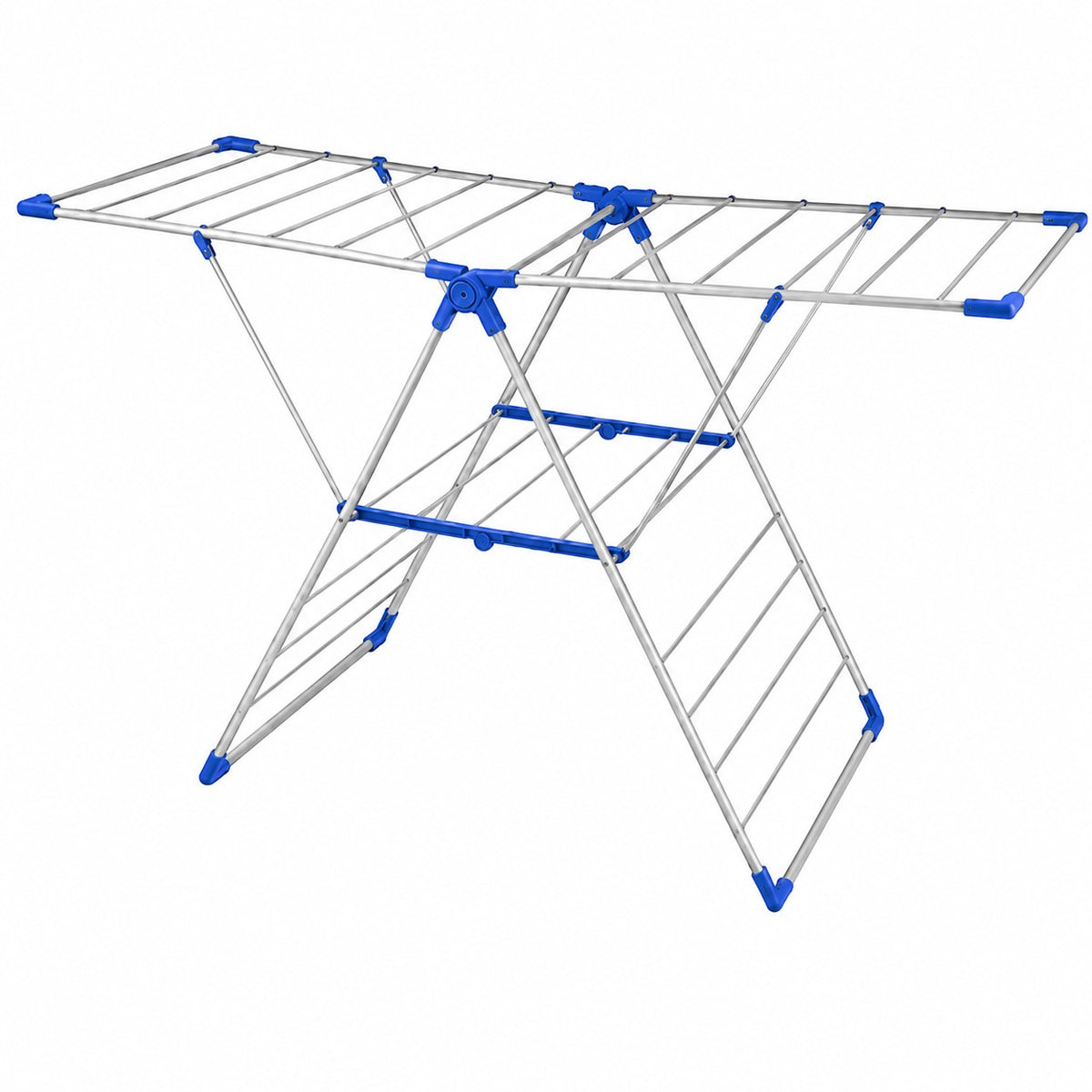 INOUTHOMECO foldable metal clothes drying rack with expandable blue wings and multi-level rails for laundry