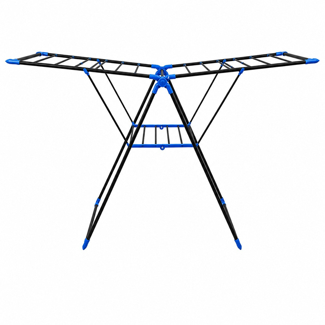 INOUTHOMECO foldable clothes drying rack with black metal frame, blue accents, and expandable multi-wing rails.