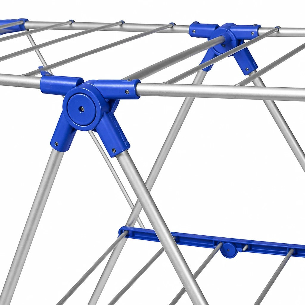 INOUTHOMECO foldable metal clothes drying rack with blue plastic connectors and expandable multi-wing rails
