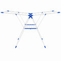 INOUTHOMECO white metal foldable clothes drying rack with expandable blue-accented wings and multi-level rails