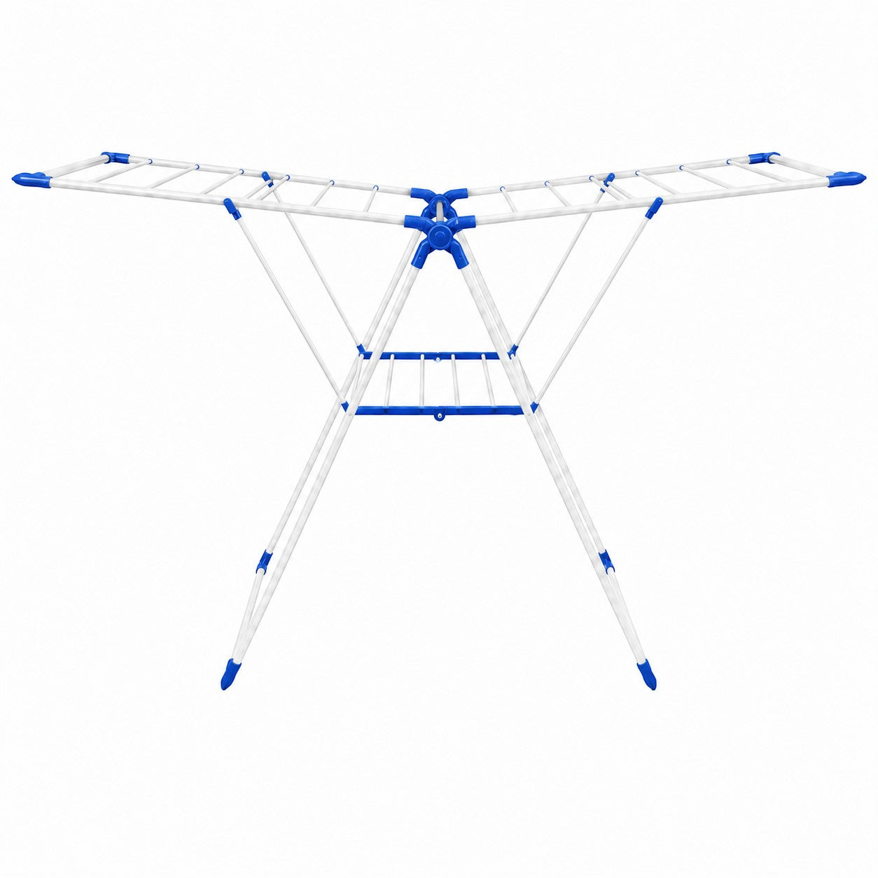 INOUTHOMECO white metal foldable clothes drying rack with expandable blue-accented wings and multi-level rails