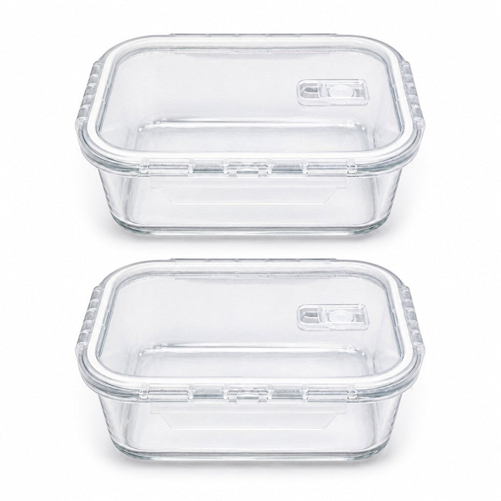 INOUTHOMECO set of two 1000ml borosilicate glass food containers with airtight locking lids and steam vent valves.