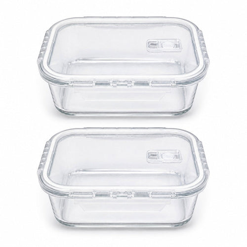 INOUTHOMECO set of two 1000ml borosilicate glass food containers with airtight locking lids and steam vent valves.