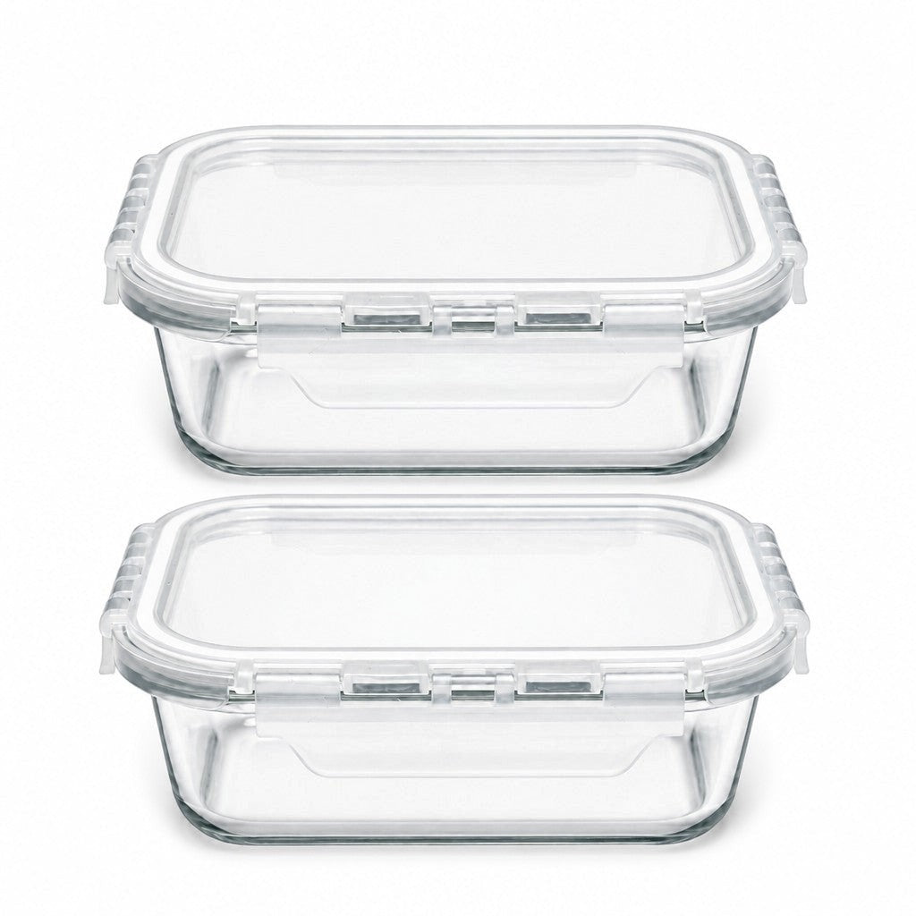 INOUTHOMECO set of two 630ml clear glass food storage containers with airtight locking lids for meal prep.
