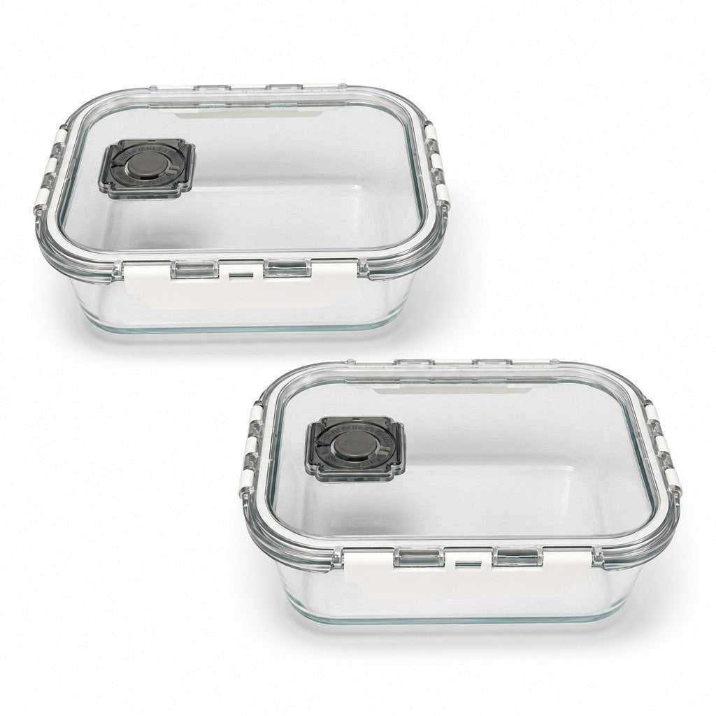 INOUTHOMECO set of two 1000ml glass food storage containers with airtight locking lids and built-in steam vents.