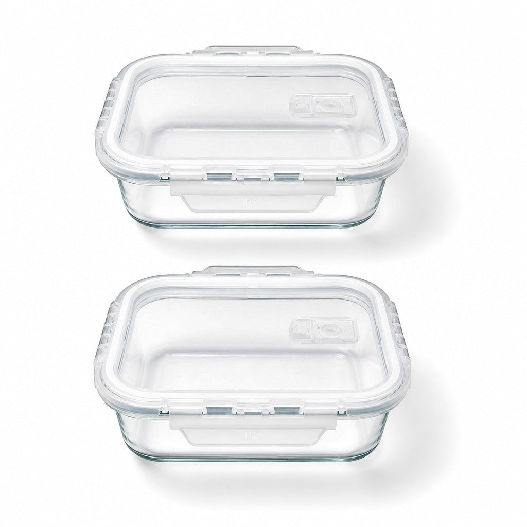 INOUTHOMECO set of two 1480ml glass food storage containers with airtight locking lids and built-in steam vents.