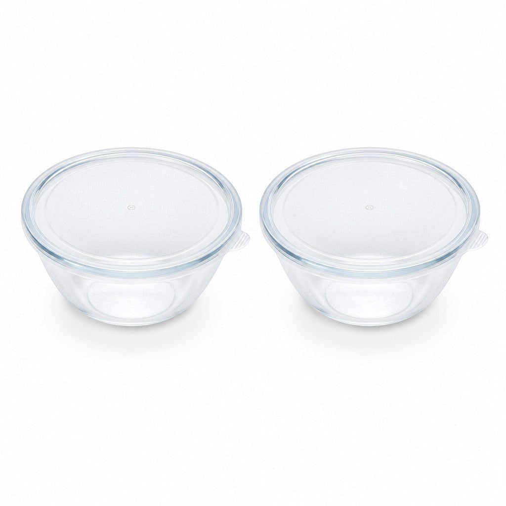 INOUTHOMECO set of two 635ml round borosilicate glass bowls with clear easy-pull lids for food storage and serving.