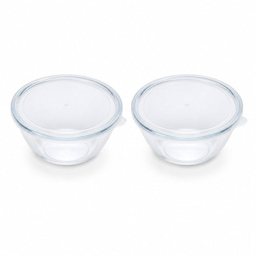 INOUTHOMECO set of two 635ml round borosilicate glass bowls with clear easy-pull lids for food storage and serving.