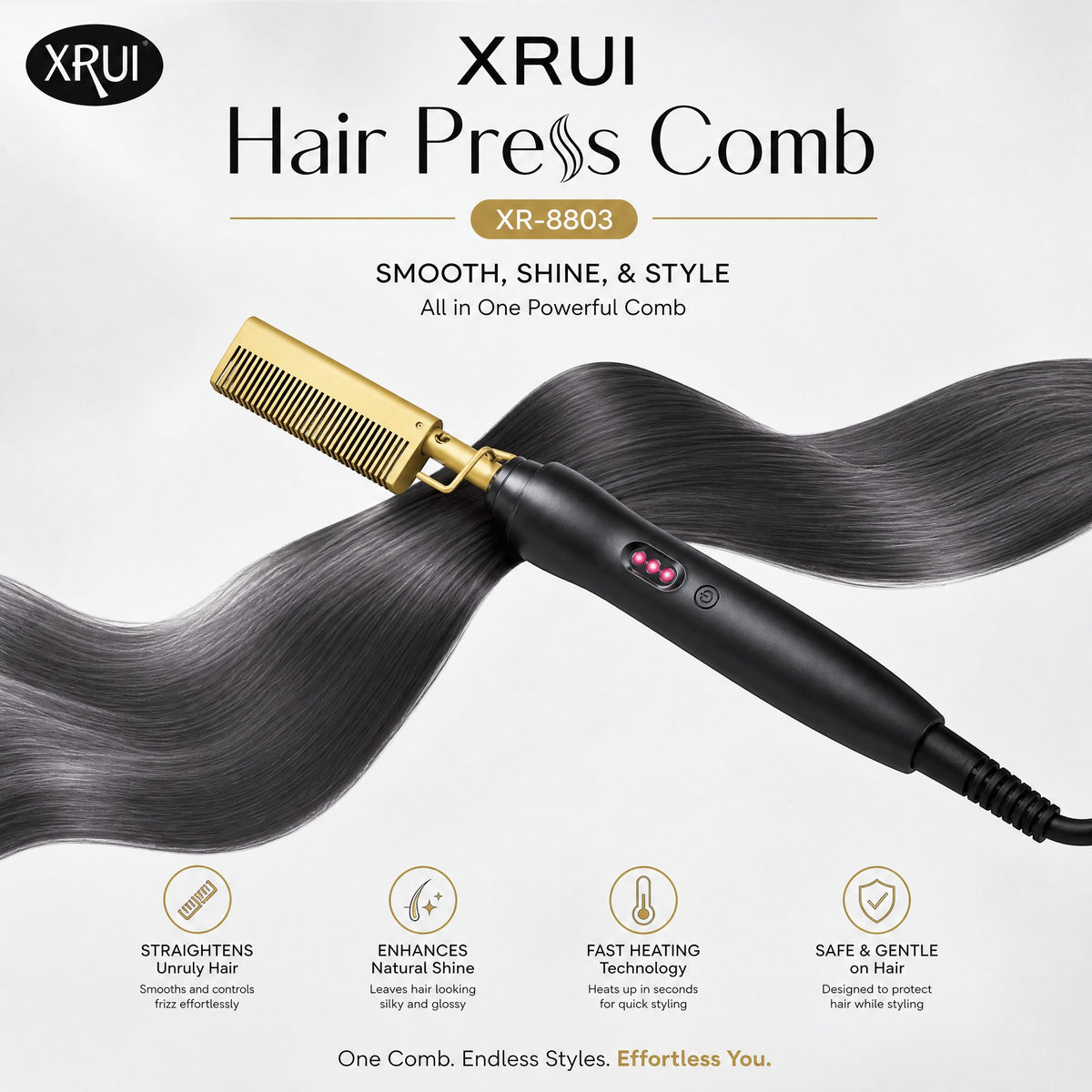 INOUTHOMECO gold ceramic hot comb hair straightener with black handle and swivel cord for sleek salon-quality styling