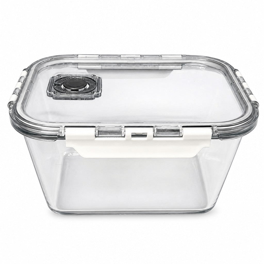 INOUTHOMECO extra large 2300ml glass food storage container with an airtight locking lid and built-in steam vent.