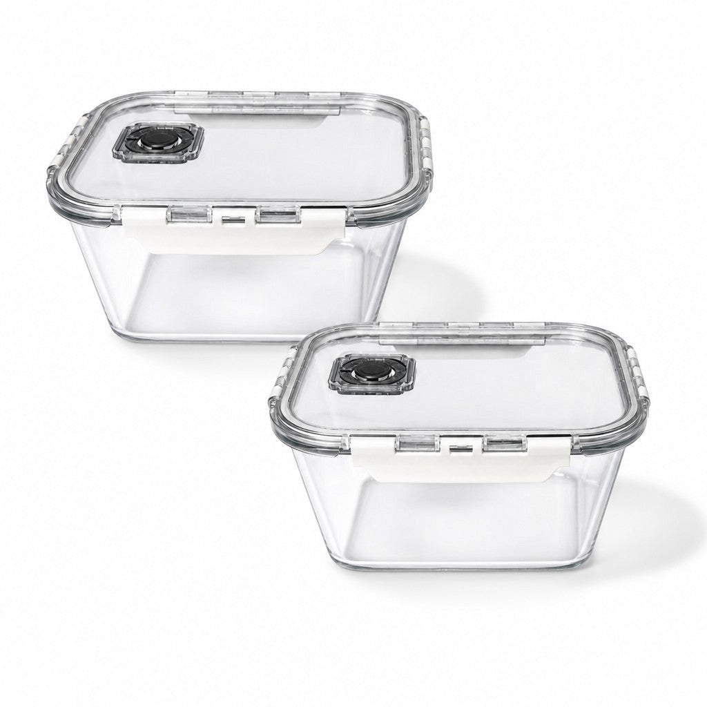 INOUTHOMECO set of two 2300ml glass food storage containers with airtight locking lids and built-in steam vents.