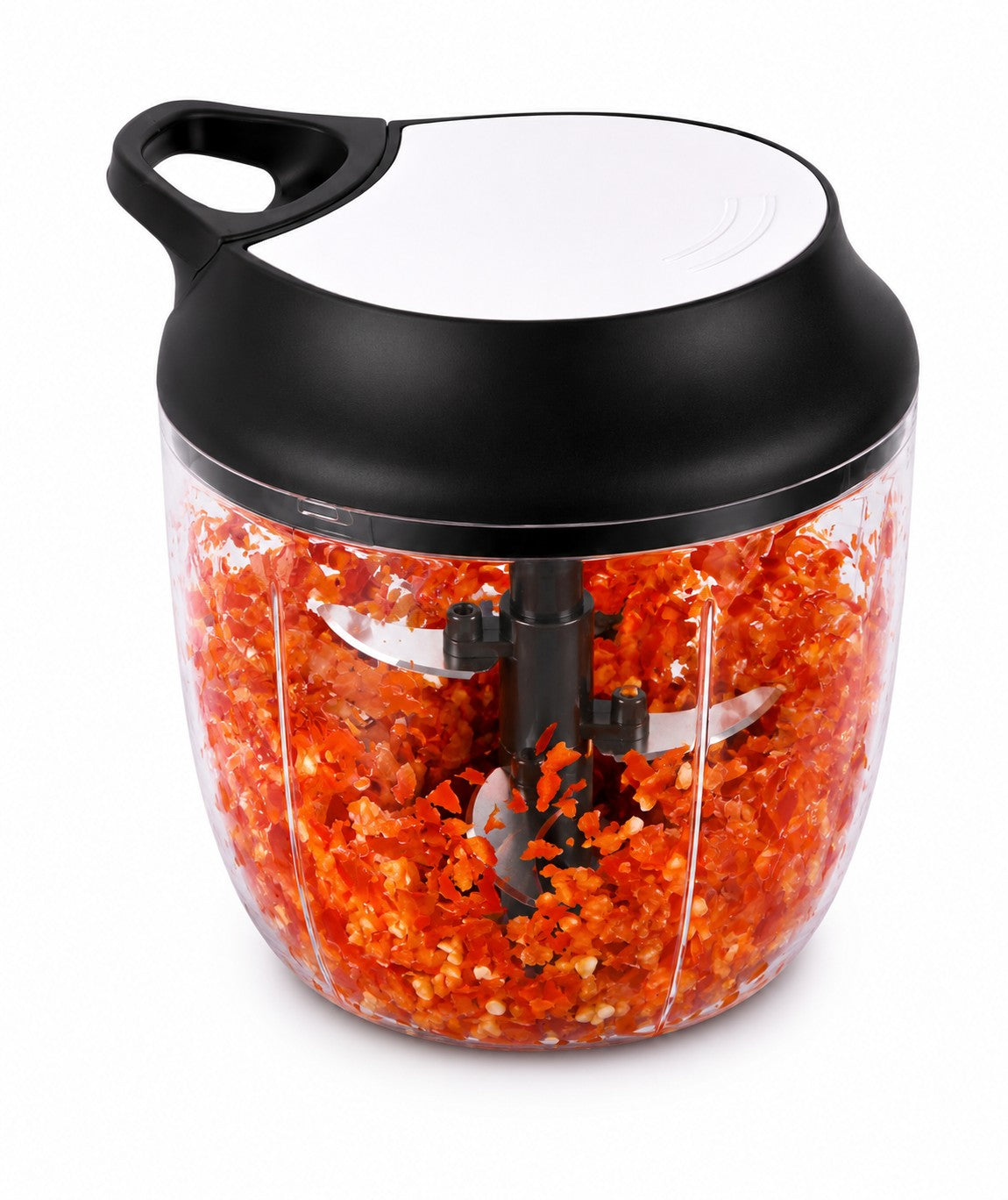 INOUTHOMECO manual food chopper with a clear bowl filled with chopped red chili peppers and a black pull-cord lid.