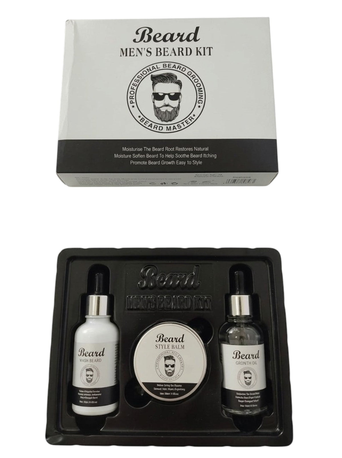 INOUTHOMECO professional beard grooming kit featuring beard wash, growth oil, and styling balm in a gift box.