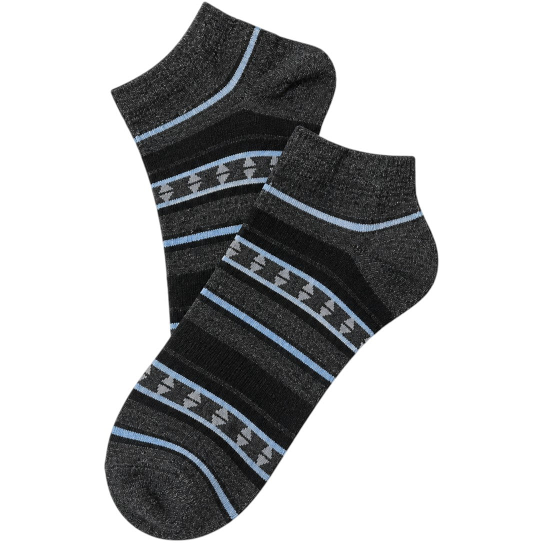 INOUTHOMECO men's ankle socks in charcoal grey with black and light blue geometric striped patterns.