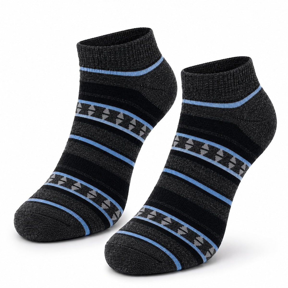 INOUTHOMECO men's charcoal grey ankle socks with blue stripes and geometric patterns for everyday comfort.