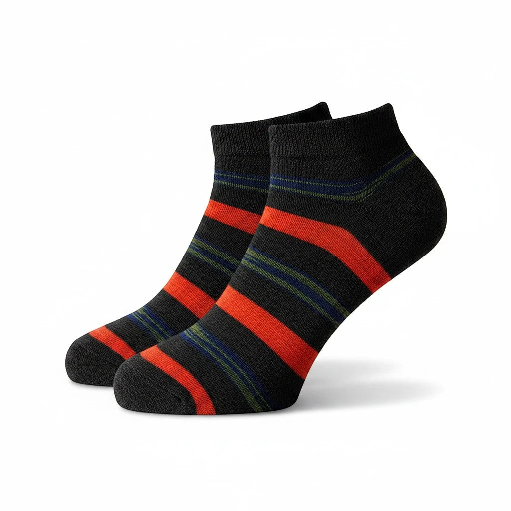 INOUTHOMECO men's black ankle socks with red and blue horizontal stripes in a soft, stretchable fabric.