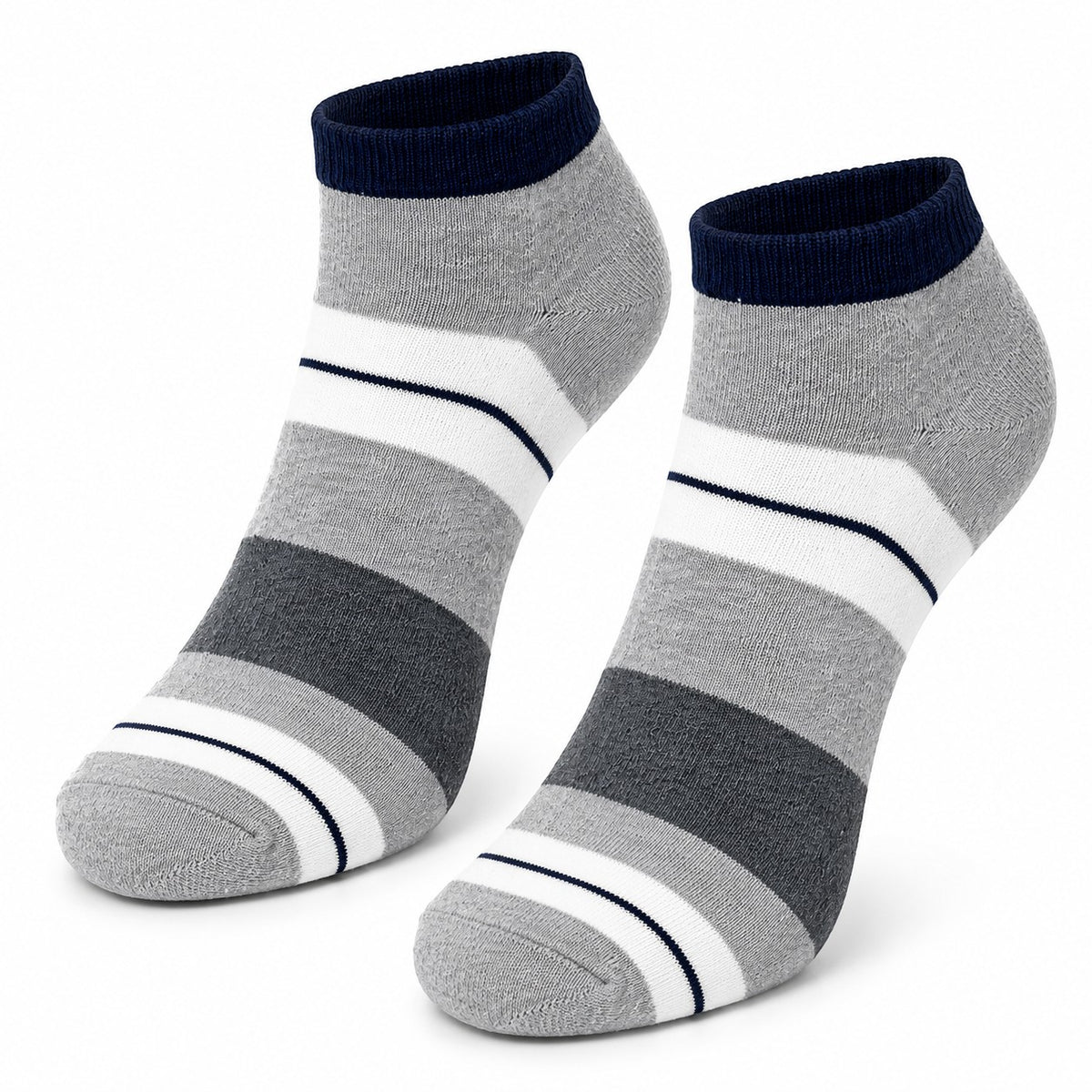 INOUTHOMECO men's ankle socks featuring a grey, white, and dark blue striped pattern with a comfortable ribbed cuff.