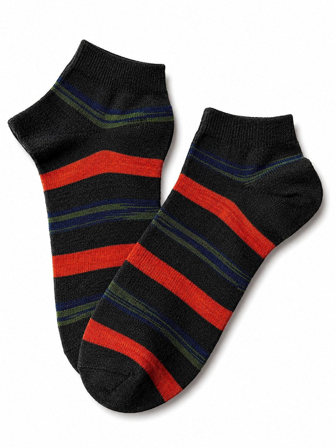 INOUTHOMECO men's black ankle socks featuring horizontal orange, blue, and green stripes in a soft, stretchable fabric.