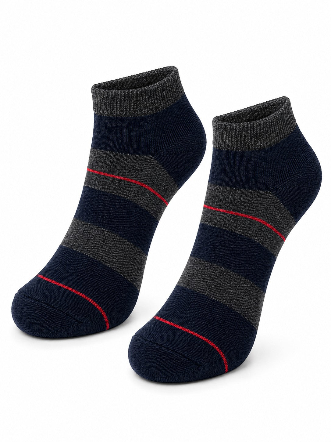 INOUTHOMECO men's ankle socks in navy and charcoal grey stripes with thin red accent lines on a white background.
