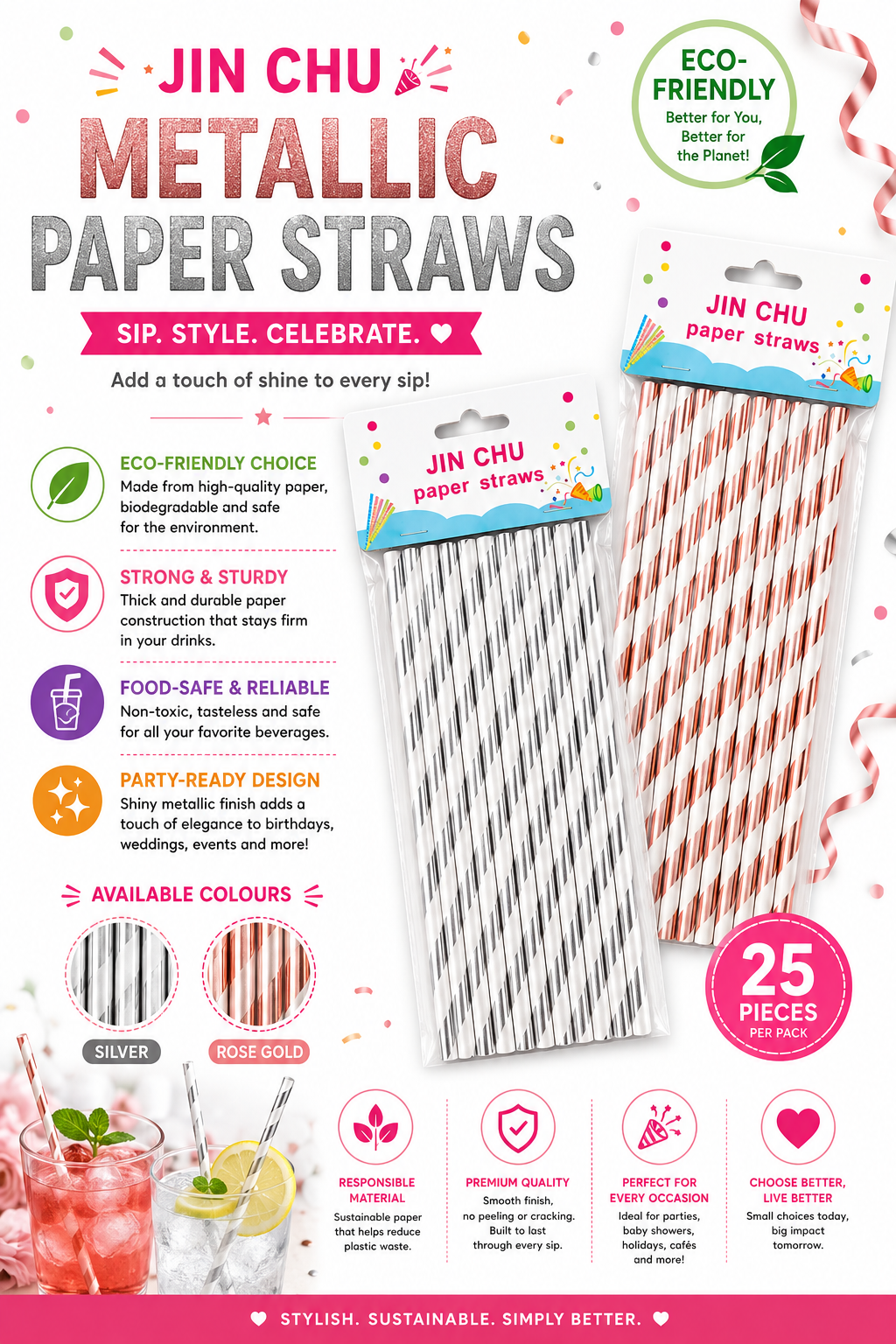 INOUTHOMECO JIN CHU metallic striped paper straws in silver and rose gold, 25 pack, eco-friendly and food-safe.