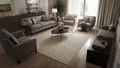 INOUTHOMECO minimalist abstract area rug with cream and grey crackle pattern in a modern living room setting.