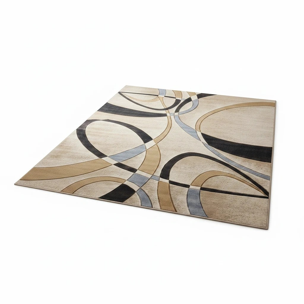 INOUTHOMECO modern abstract area rug with beige, cream, slate blue, and charcoal ribbon curves and geometric details.