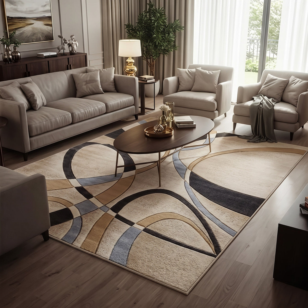 INOUTHOMECO modern abstract area rug with beige, slate blue, and charcoal curves in a contemporary living room setting.
