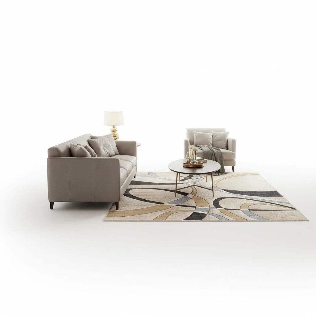 INOUTHOMECO modern abstract area rug with beige, grey, and gold curves in a contemporary living room setting.