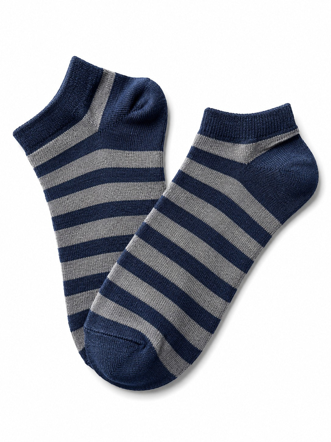 INOUTHOMECO men's ankle socks featuring a navy blue and grey horizontal striped pattern in soft, stretchable fabric.