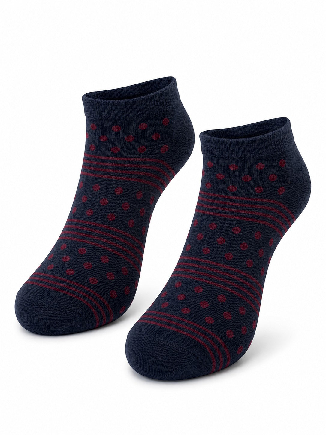 INOUTHOMECO men's navy blue ankle socks with red polka dot and horizontal stripe pattern on a white background.