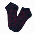 INOUTHOMECO men's navy blue ankle socks with a red polka dot and horizontal stripe pattern on a white background.