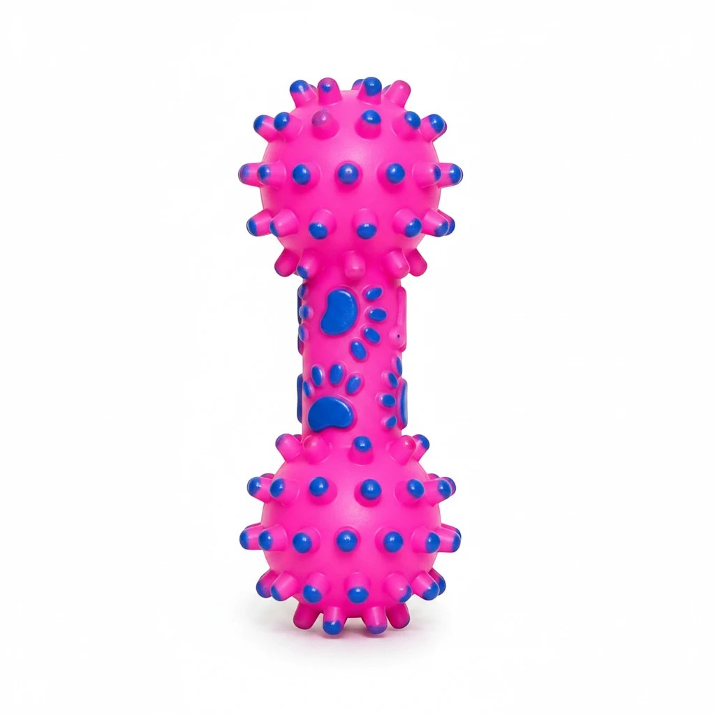 INOUTHOMECO pink and blue spiky rubber dental dumbbell dog chew toy with paw print details for healthy teeth