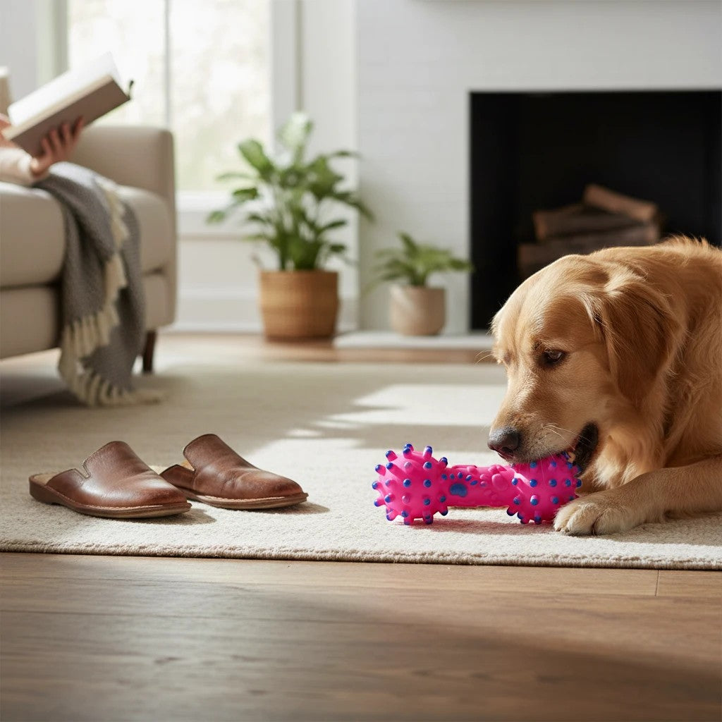 INOUTHOMECO pink spiky dental dumbbell dog chew toy being played with by a golden retriever on a living room rug.