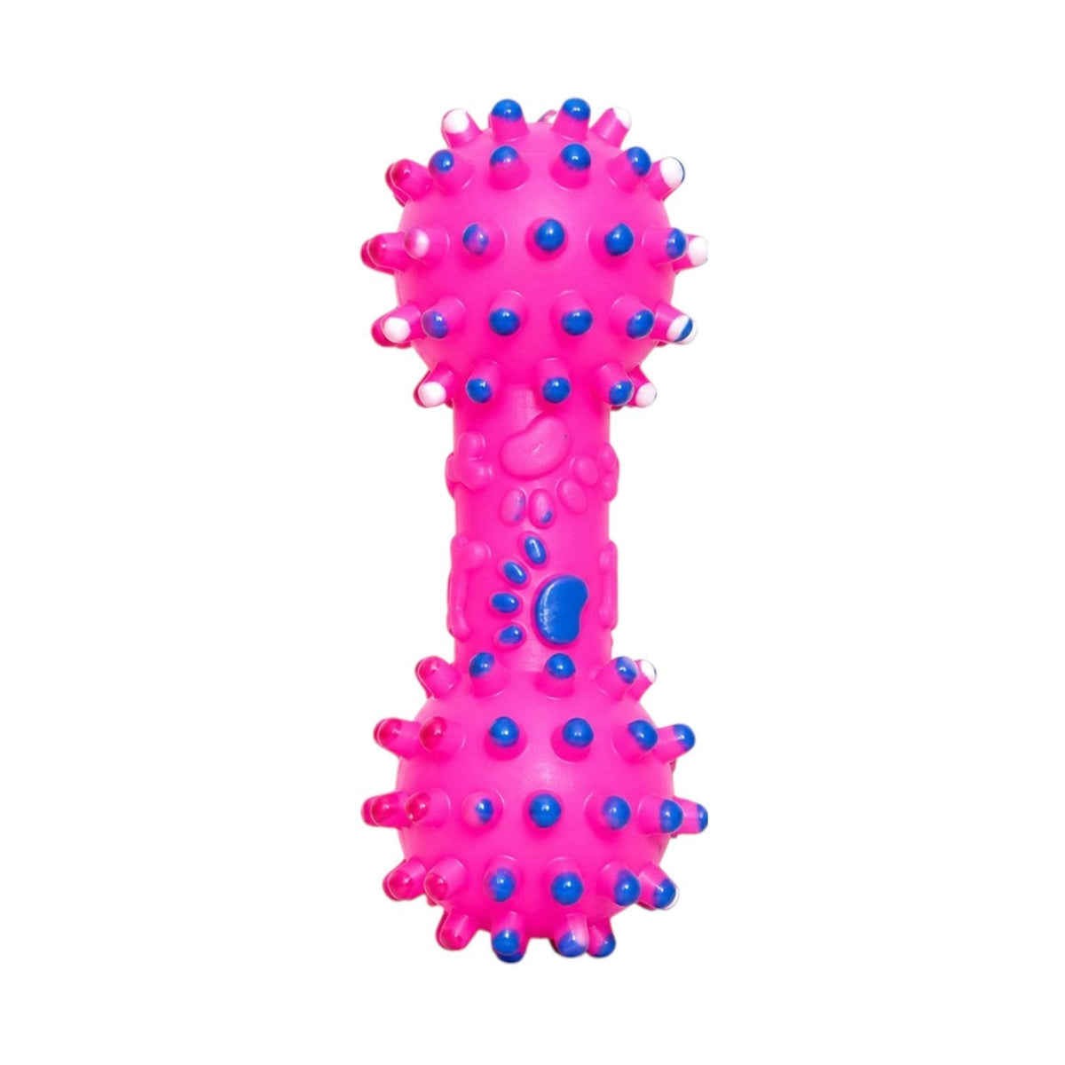INOUTHOMECO pink spiky rubber dental dumbbell dog chew toy with blue paw print details for teeth cleaning