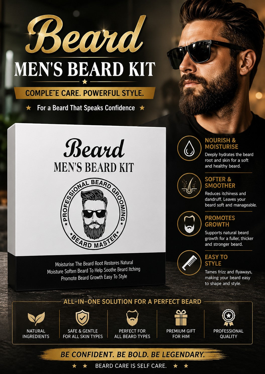 INOUTHOMECO professional beard grooming kit box featuring beard oil, wash, and balm for healthy facial hair care.