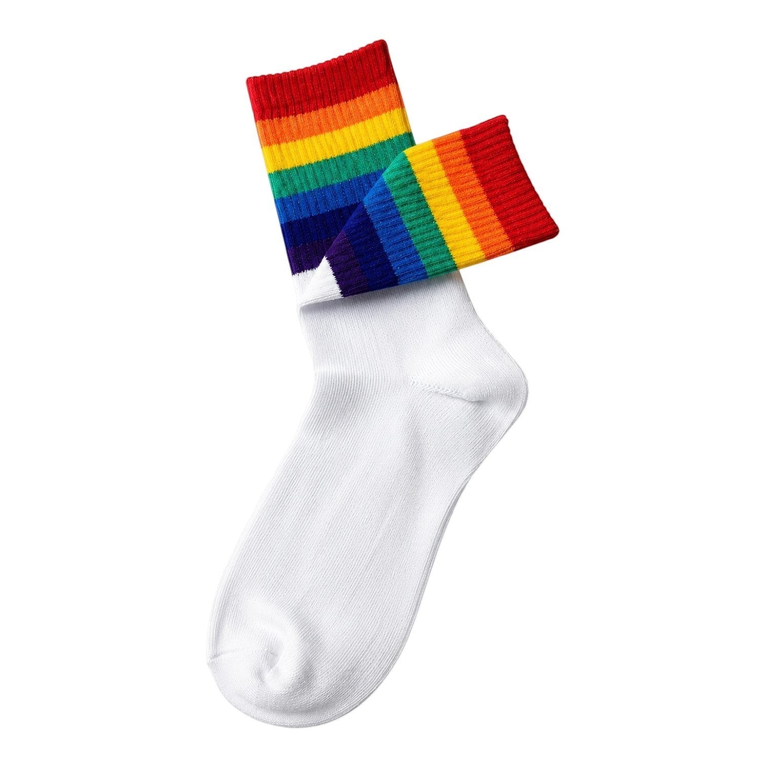 INOUTHOMECO classic crew socks in white with a vibrant rainbow striped cuff for a playful everyday look.