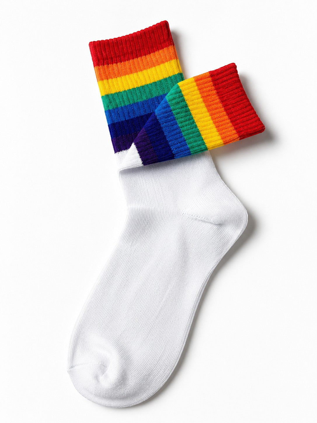 INOUTHOMECO classic crew socks in white with a vibrant rainbow striped cuff on a clean white background.