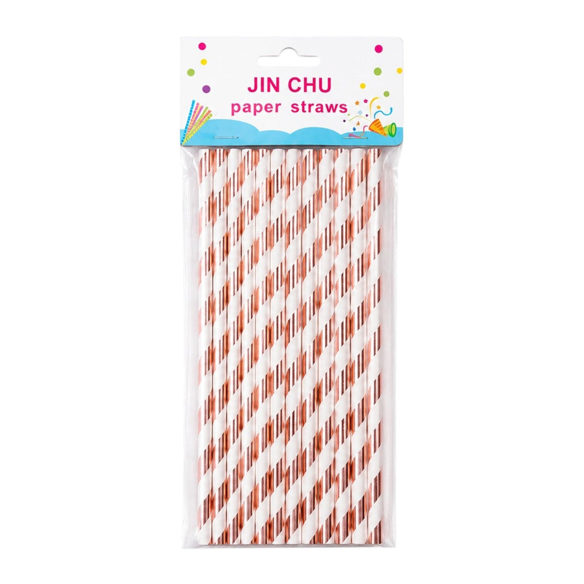 INOUTHOMECO pack of 25 rose gold metallic striped paper straws for parties and events in clear plastic packaging