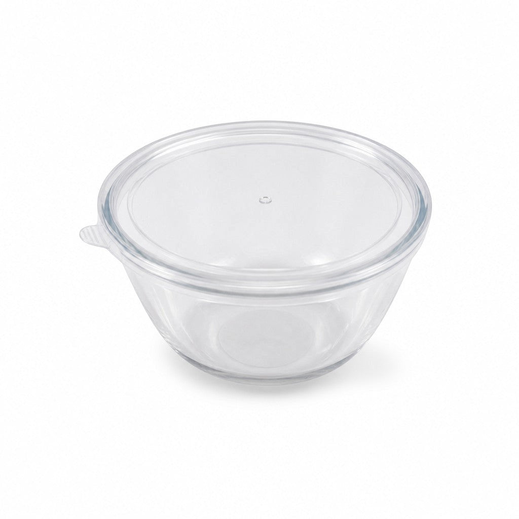 INOUTHOMECO 635ml round borosilicate glass bowl with a clear flexible easy-pull lid for food storage and serving.