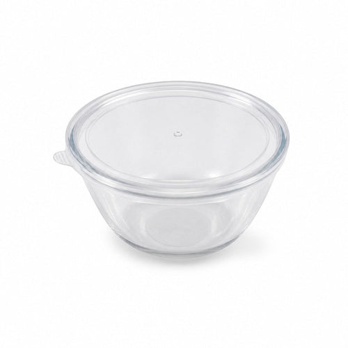 INOUTHOMECO 635ml round borosilicate glass bowl with a clear flexible easy-pull lid for food storage and serving.