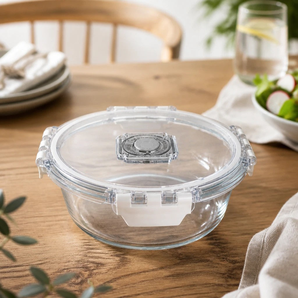 INOUTHOMECO 1100ml round borosilicate glass food container with a clear locking lid and integrated steam vent.