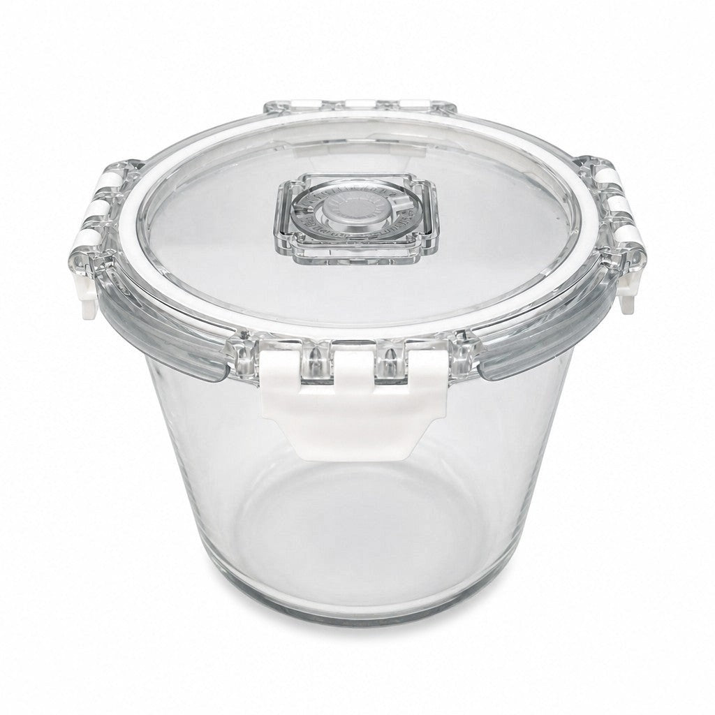 INOUTHOMECO 650ml round glass food container with a clear airtight clip-locking lid and integrated steam vent