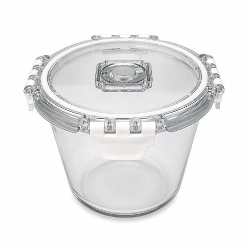 INOUTHOMECO 650ml round glass food container with a clear airtight clip-locking lid and integrated steam vent