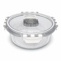 INOUTHOMECO round borosilicate glass food container with a clear locking lid, silicone seal, and steam release vent.