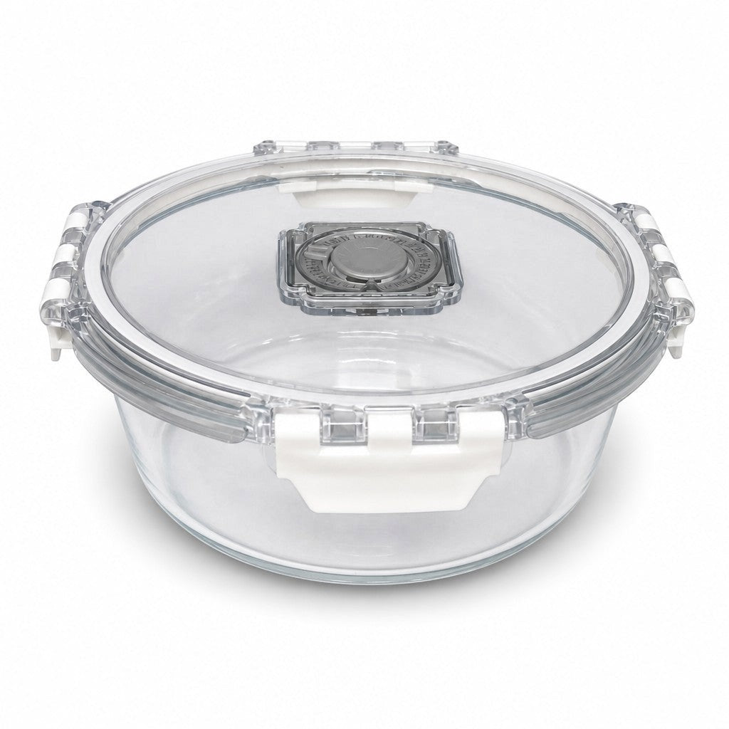 INOUTHOMECO round borosilicate glass food container with a clear locking lid, silicone seal, and steam release vent.