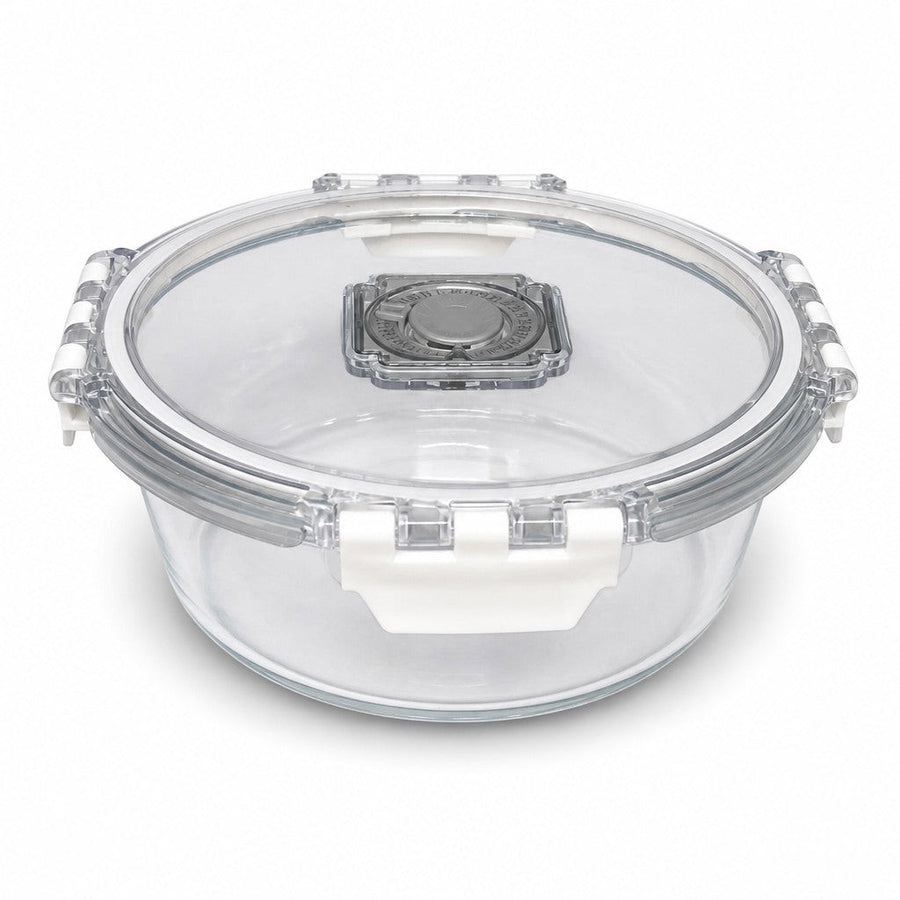 INOUTHOMECO round borosilicate glass food container with a clear locking lid, silicone seal, and steam release vent.