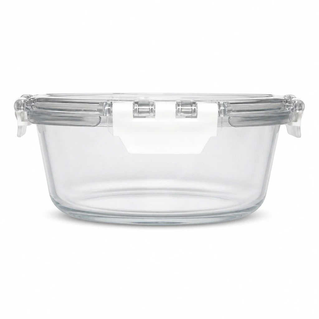 INOUTHOMECO 1100ml round borosilicate glass food container with clear locking lid and steam vent